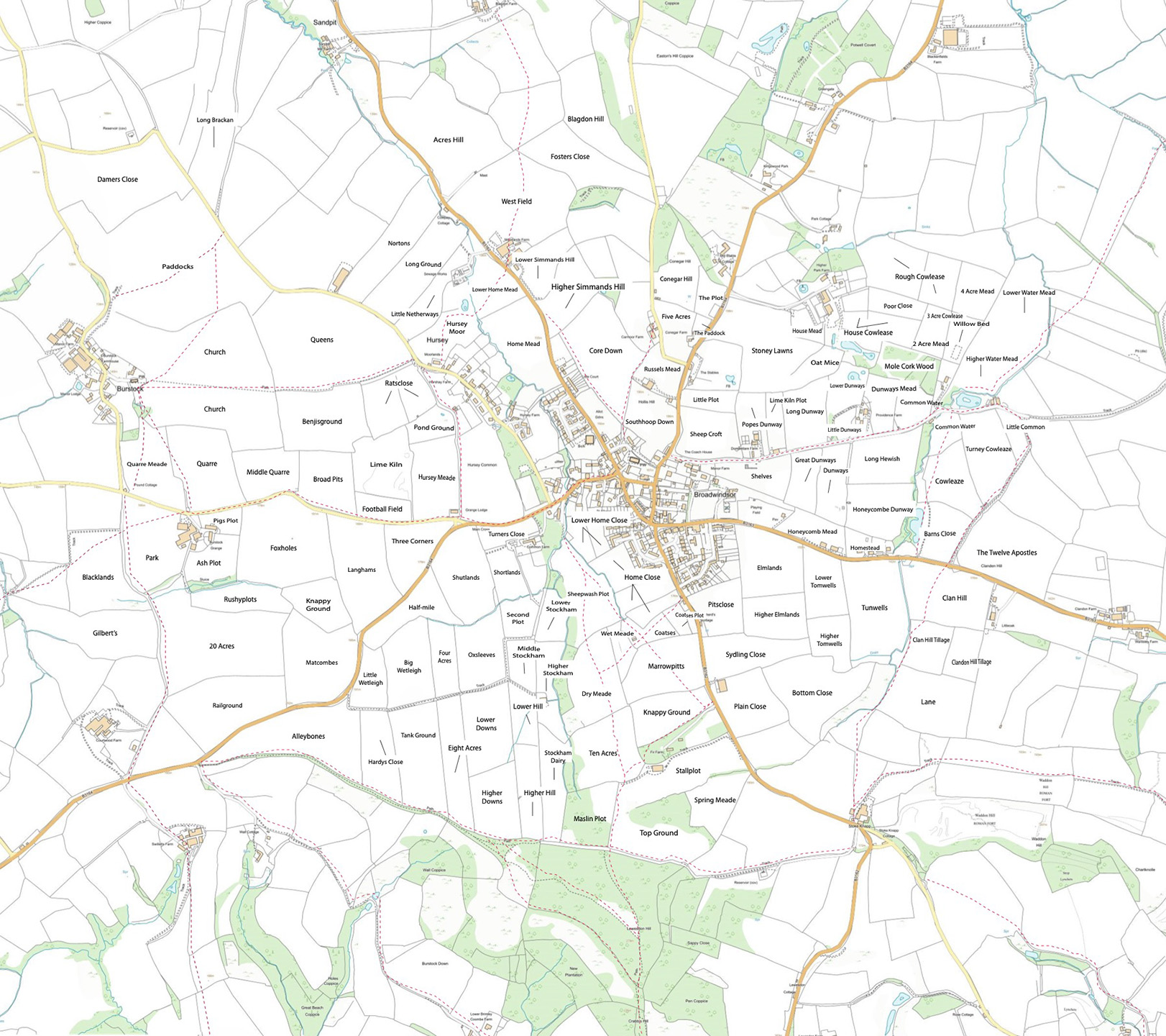 Map showing ancient field names around Broadwindsor in Dorset