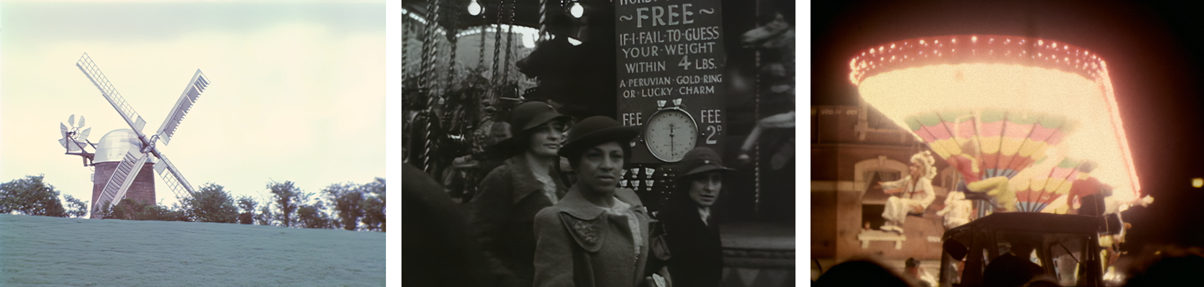 Great Western Approaches Revisited — Three thumbnails of stills taken from some of the archive films featured in the project showing Wilton Windmill, the Salisbury Fair in the 1930s and Bridgwater Carnival in the 1970s.