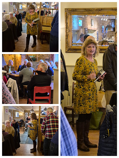 Montage of images showing people gathered at the White Lion pub in Broadwindsor attending the launch of the Born and Bred book